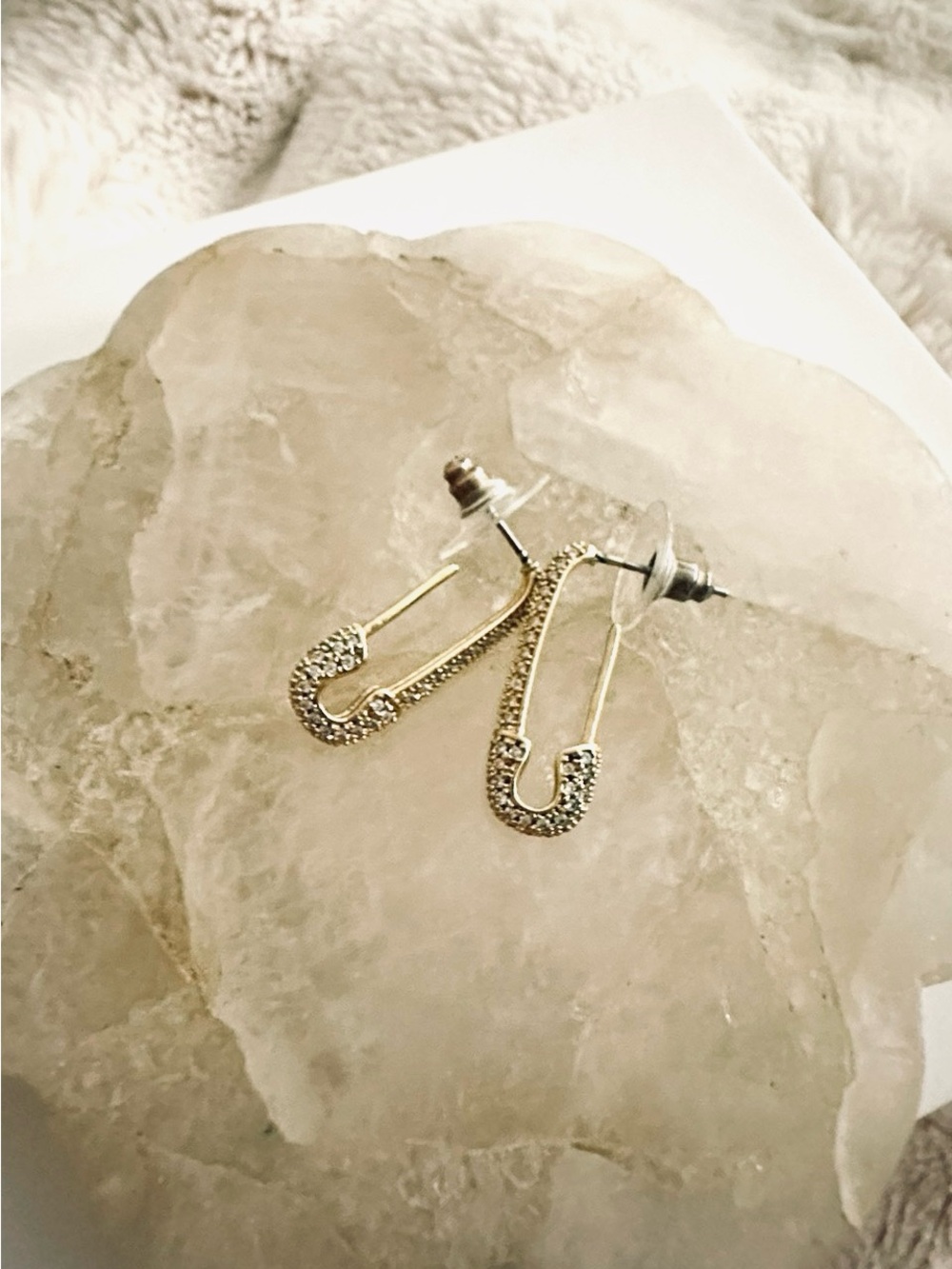 Gold Safety Pin Crystal Drop Earrings - Women Jewelry